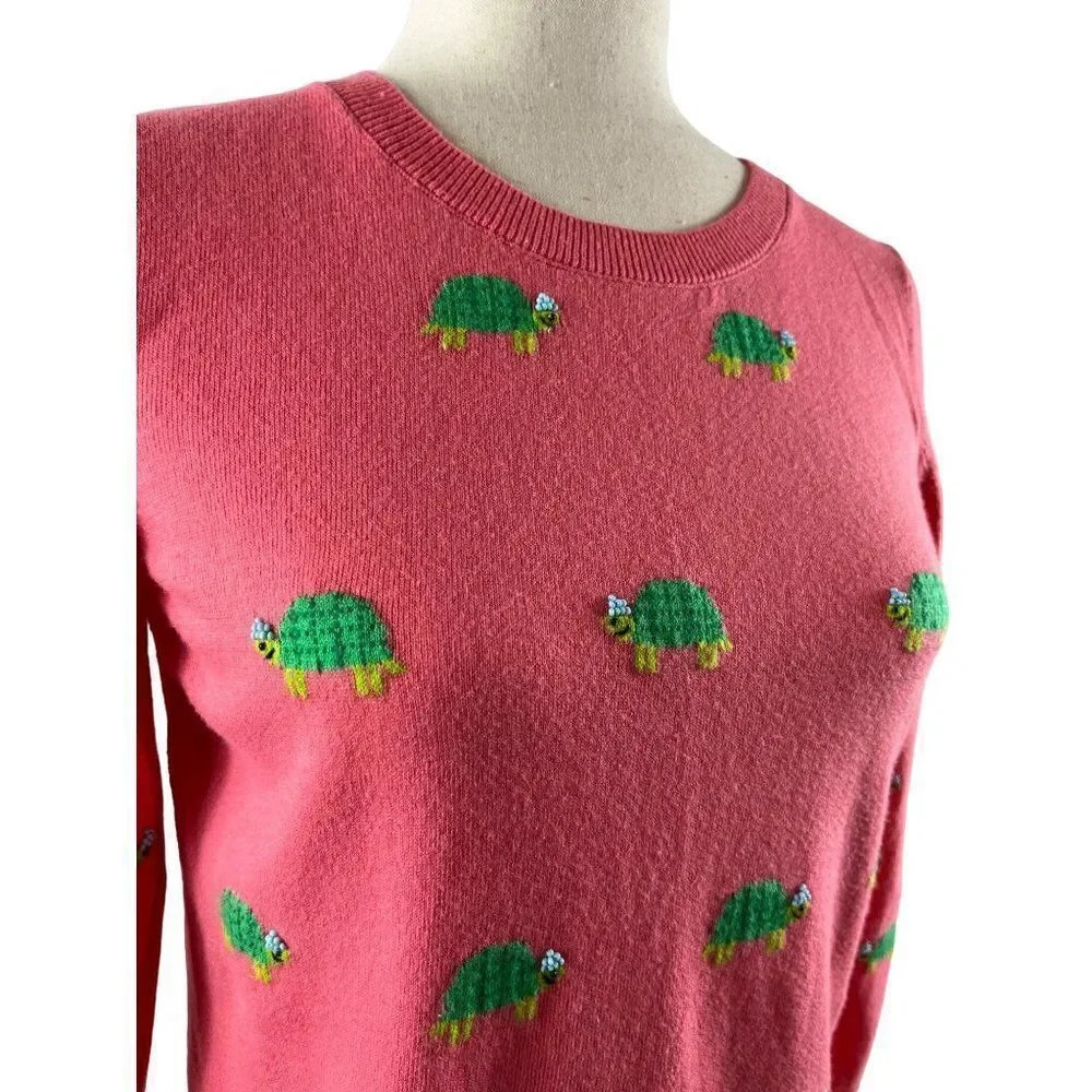 Talbots Novelty Beaded Turtle Sweater Women’s Petite Medium Coral Pink Preppy